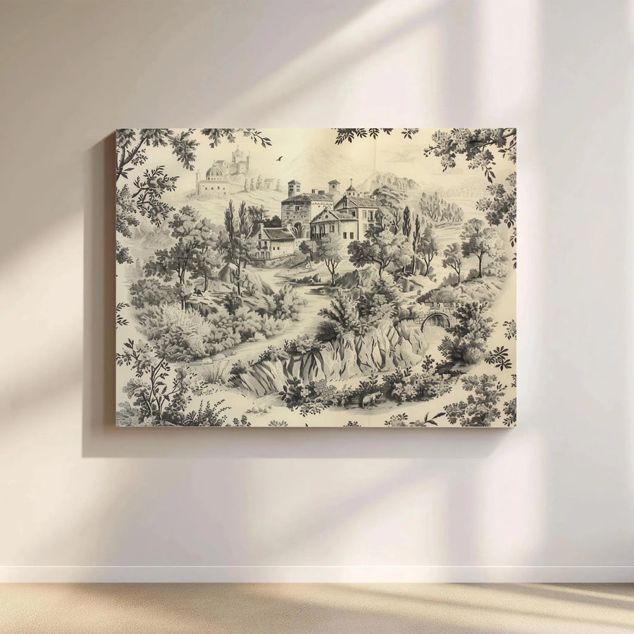 Vintage French Countryside Landscape Canvas Wall Art | Toile de Jouy Style Sketch | Premium Gallery Wrap Print | Elegant Home Decor Gift