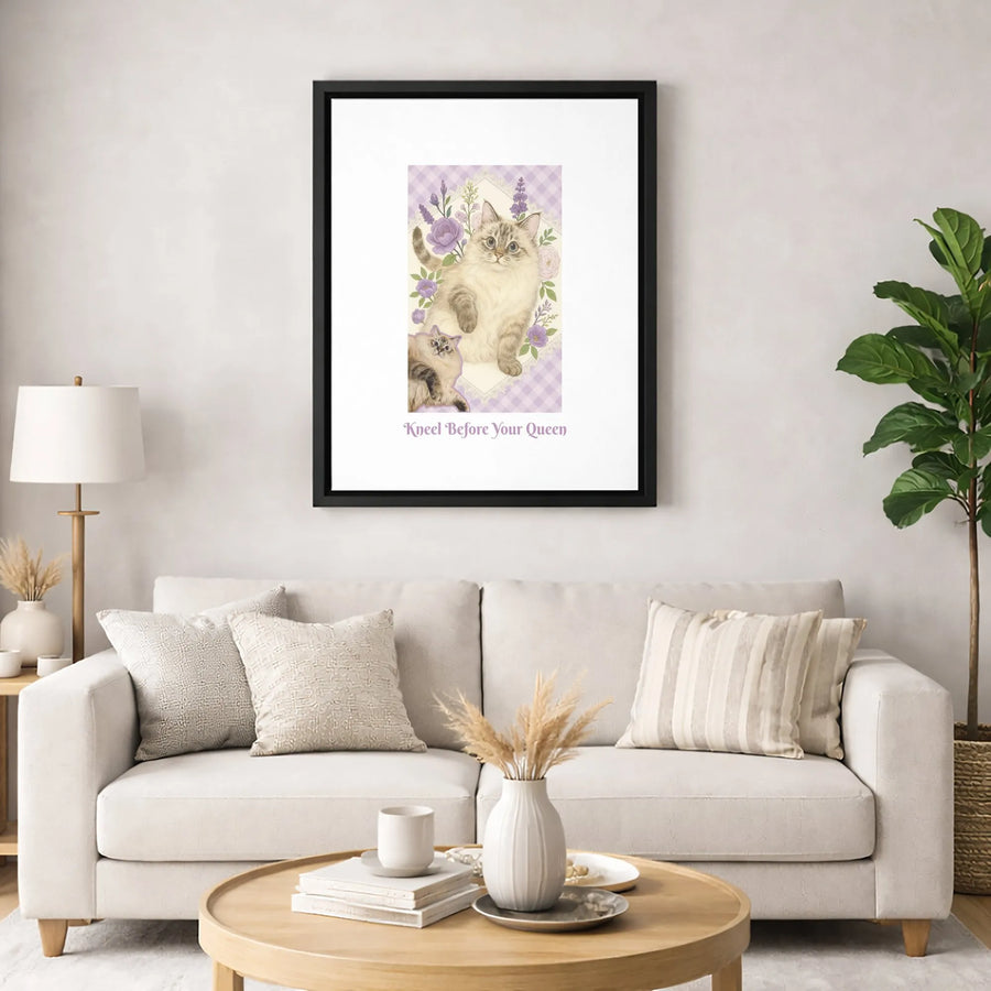 Kneel Before Your Queen Cat Canvas Wall Art | Floral Ragdoll Illustration | Premium 1.25" Gallery Wrap | Funny Pet Lover Gift Home Decor