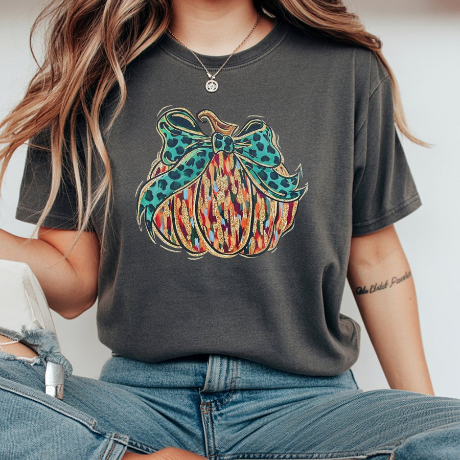 Preppy Pumpkin T-Shirt | Leopard Print Bow Fall Graphic | 100% Cotton Premium Tee | Cute Halloween Aesthetic Gift for Her