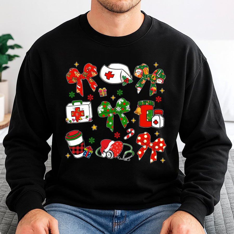 Coquette Nurse Christmas Sweatshirt | Cute Bow Medical Holiday Graphic | Premium Cotton Blend | Nursing Student RN Gift for Women