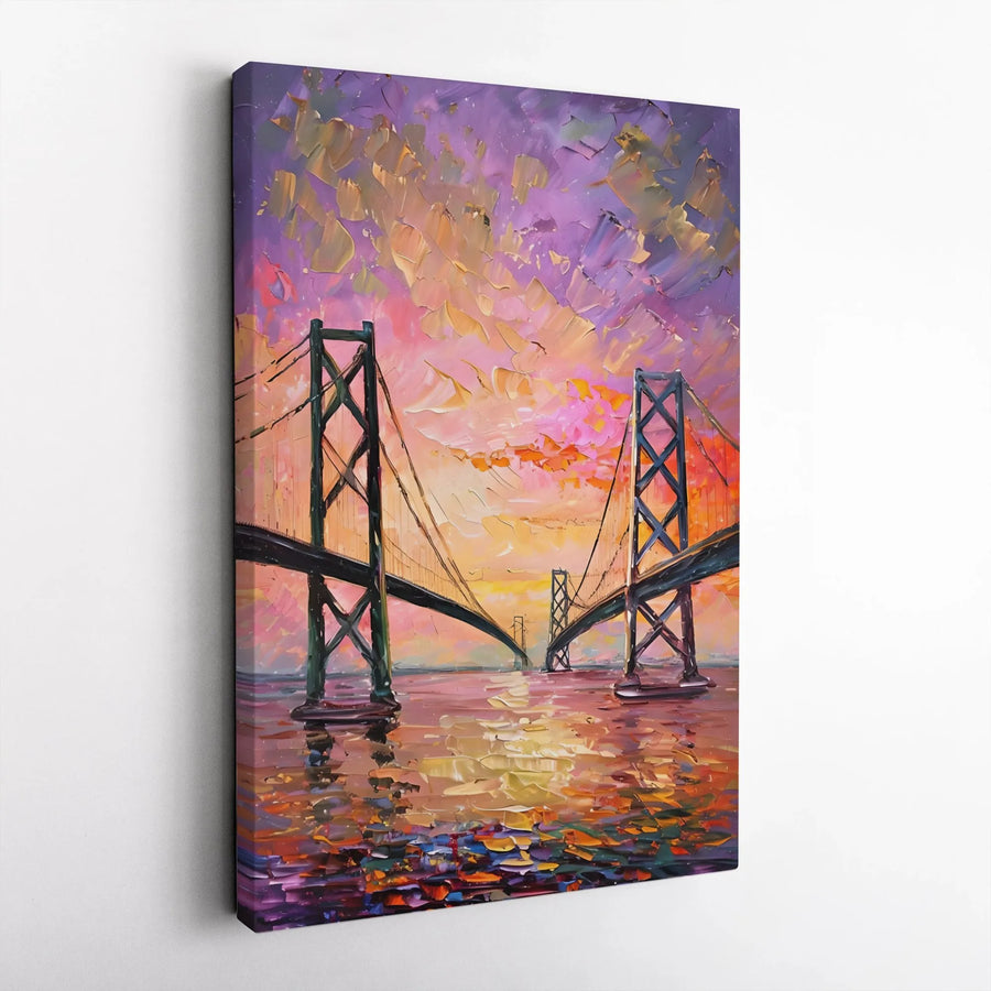 Bay Bridge Canvas Wall Art | Impasto Sunset Impressionist Painting | Premium Fade-Resistant Print | Elegant Home & Office Decor Gift