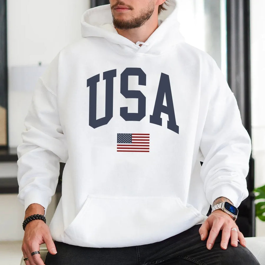 USA Hoodie | Vintage Athletic Collegiate Font & American Flag | Premium Cotton-Blend | Patriotic Gift for Men and Women