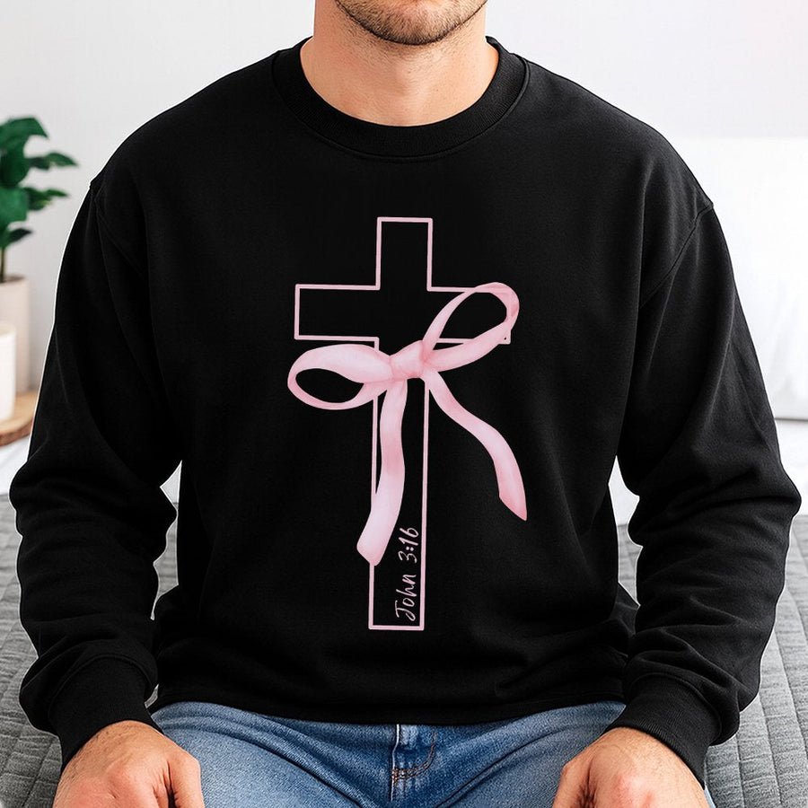 Coquette Christian Sweatshirt | Pink Bow Cross Bible Verse Graphic | Soft Cotton Blend Crewneck | Trendy Faith-Based Gift For Her