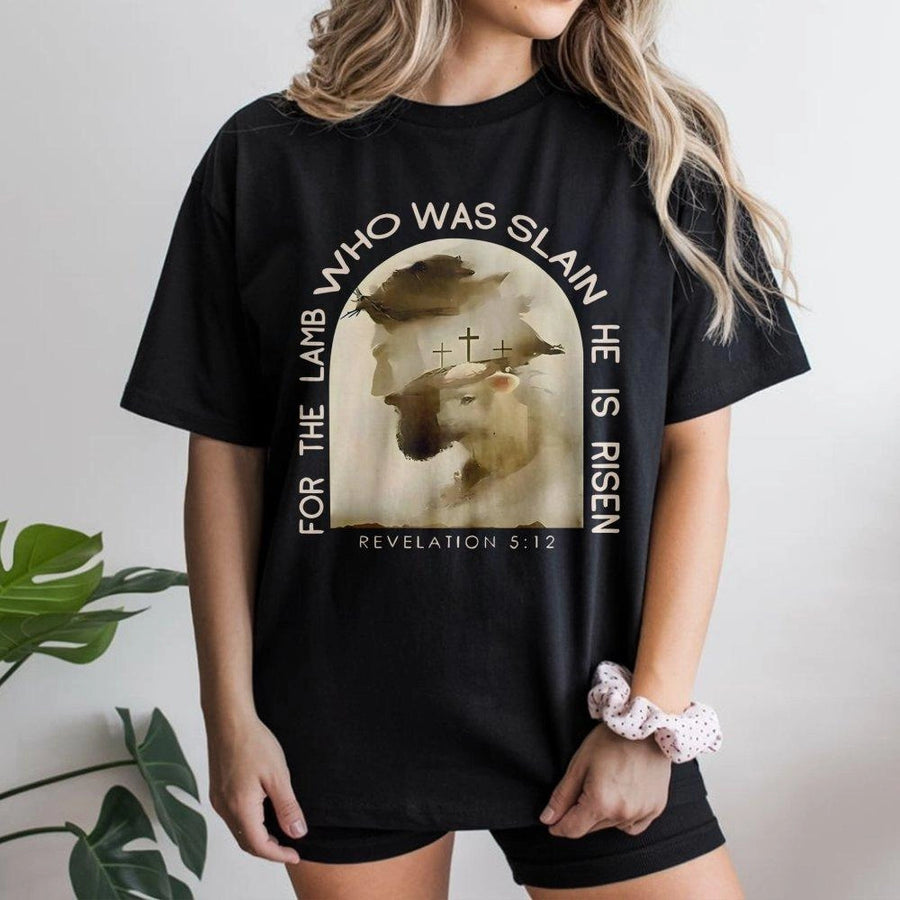 Lamb Who Was Slain T-Shirt | Revelation 5:12 Bible Verse Graphic | Premium Cotton Religious Apparel | Christian Faith Gift for Men and Women