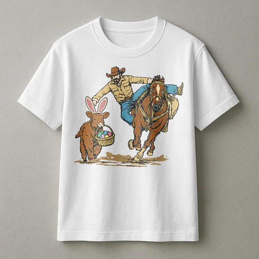 Western Cowboy Easter T-Shirt | Funny Bunny Cow Illustration | 100% Cotton Premium Tee | Unique Holiday Gift for Country Lovers