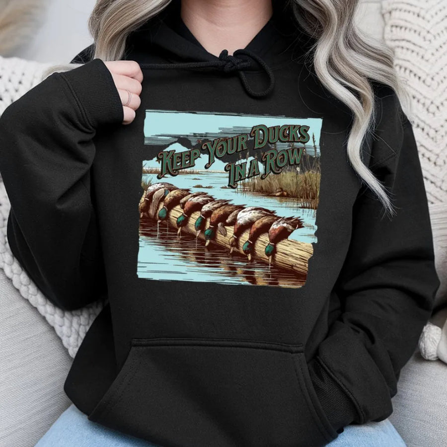 Duck Hunting Hoodie | Keep Your Ducks In A Row Wildlife Graphic | Premium Cotton Blend | Nature Lover Gift for Outdoorsmen