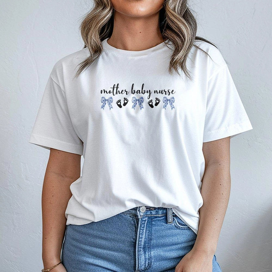 Mother Baby Nurse T-Shirt | Coquette Aesthetic Bows and Footprints Graphic | Premium 100% Cotton Tee | Gift for L&D Nurses and Maternity Staff