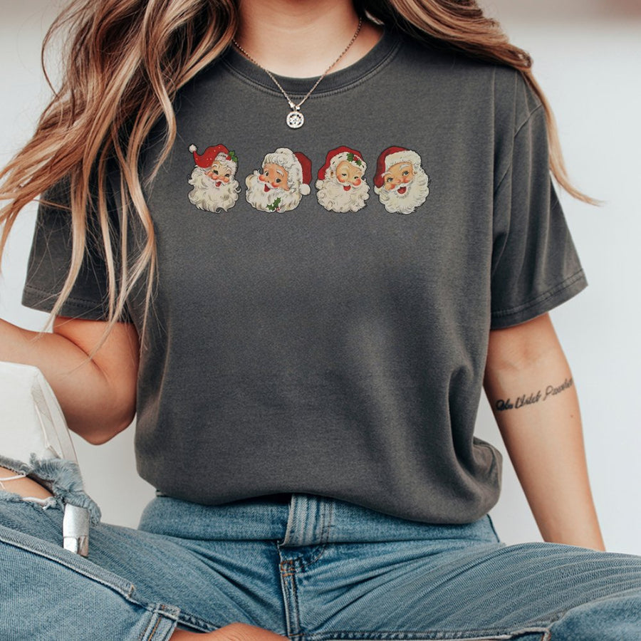 Retro Santa Graphic T-Shirt | Vintage Christmas Faces Design | 100% Cotton Premium Tee | Unisex Holiday Gift for Men and Women