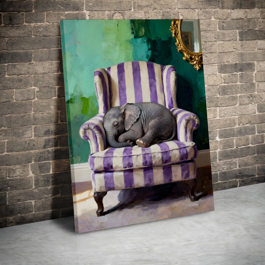 Baby Elephant Canvas Wall Art | Whimsical Animal Sleeping in Striped Chair | Premium Gallery Wrap Canvas | Nursery Decor Gift