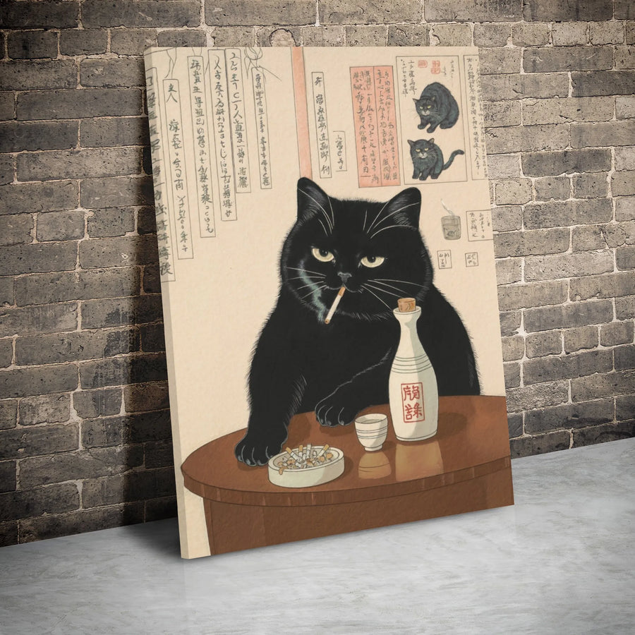 Japanese Ukiyo-E Black Cat Canvas | Funny Smoking & Sake Drinking Cat Art | Premium Gallery Wrap Wall Decor | Unique Gift for Cat Lovers