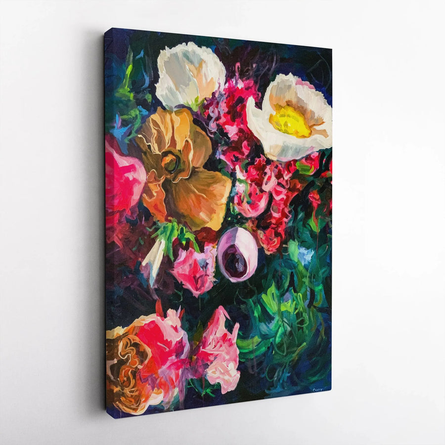 Abstract Floral Vertical Canvas | Colorful Moody Flower Painting | Premium Gallery Wrapped Print | Modern Home Decor Art Gift for Her