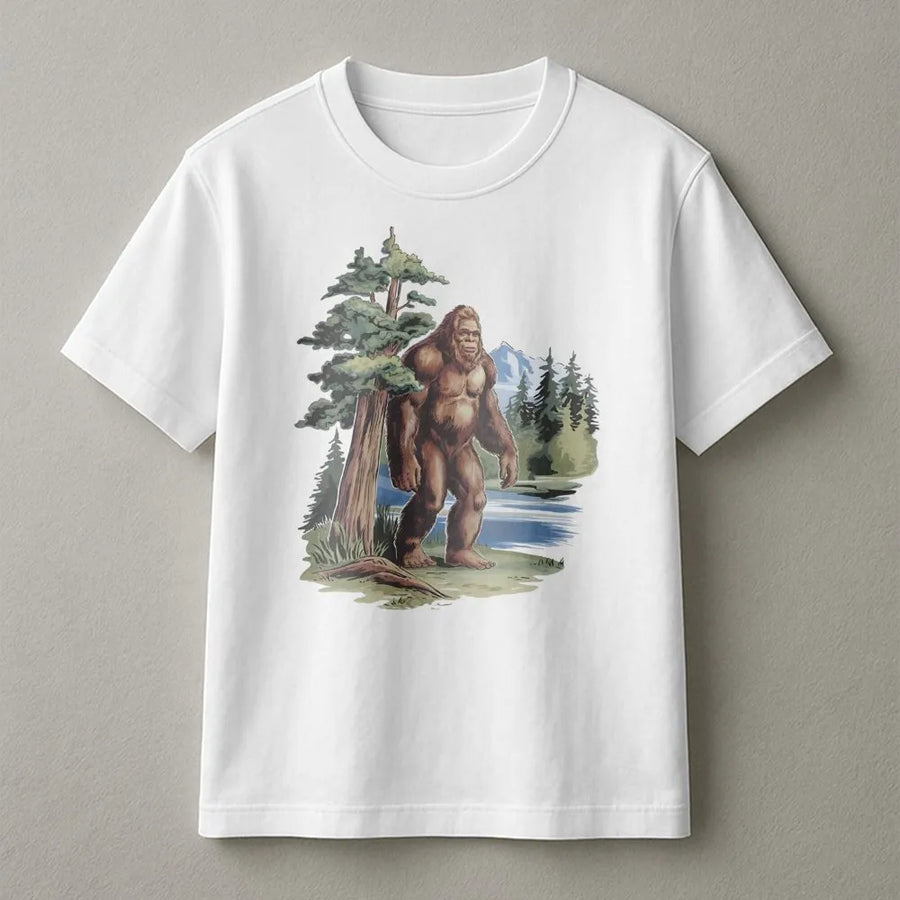Bigfoot T-Shirt | Retro Sasquatch Graphic in Forest Wilderness | Premium 100% Cotton Tee | Wildlife Cryptozoology Gift for Men and Women