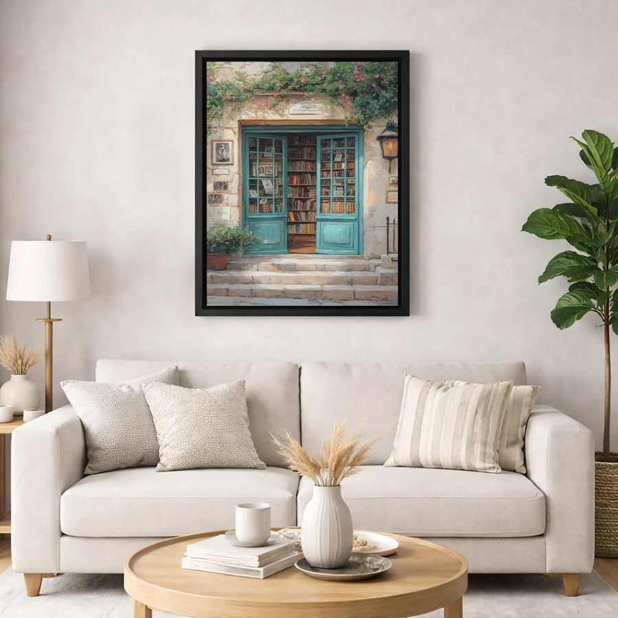 Charming Bookstore Canvas Wall Art | Teal Door Floral Entryway Print | 1.25-Inch Premium Gallery Canvas | Literary Home Decor Gift For Book Lovers