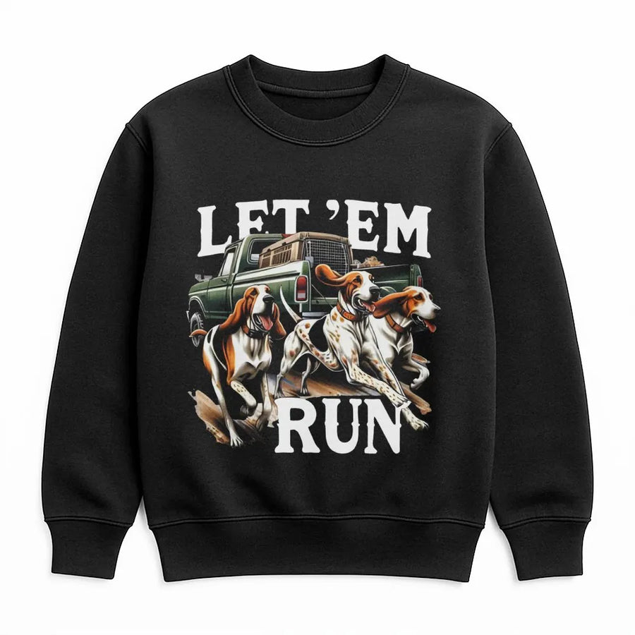Hound Dog Hunting Sweatshirt | Let Em Run Graphic Pickup Truck Print | Premium Cotton Blend | Gift For Hunter Outdoorsman Men Women