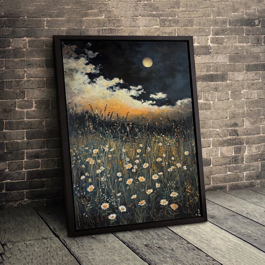 Night Sky Wildflower Field Canvas Art | Full Moon Botanical Landscape Print | Gallery Quality 1.25-Inch Profile | Premium Home Decor Gift