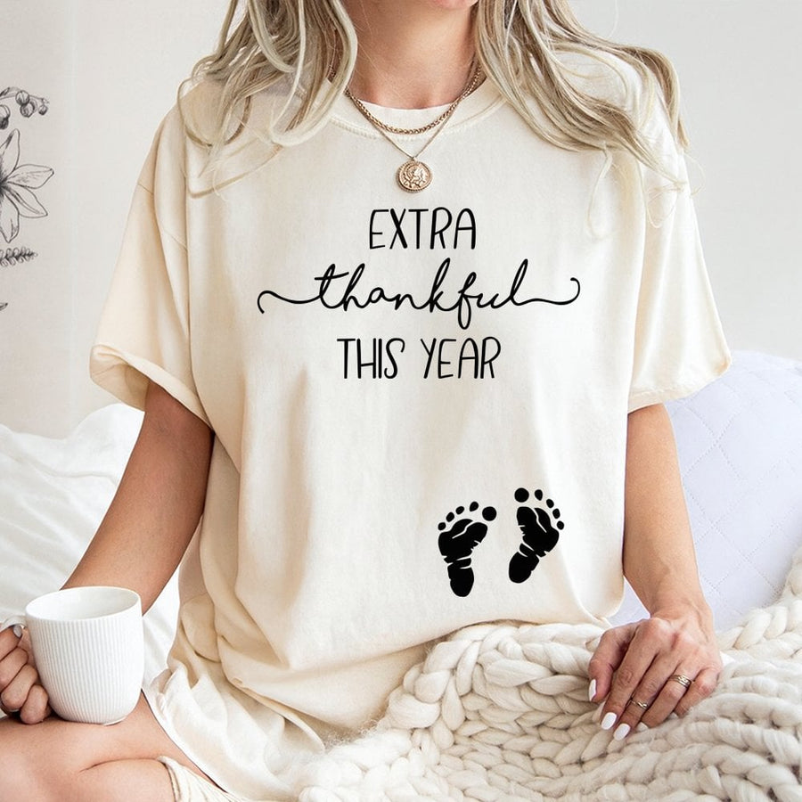 Extra Thankful This Year T-Shirt | Pregnancy Announcement Thanksgiving Tee | Premium 100% Cotton | Cute Baby Footprint Gift for Expectant Moms