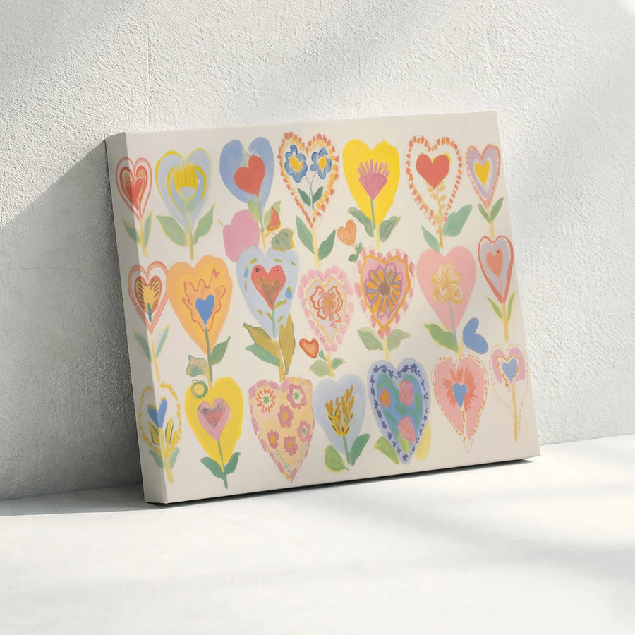 Heart Flower Wall Art | Folk Art Floral Canvas Print | Premium Gallery Wrapped Decor | Whimsical Colorful Nursery Gift