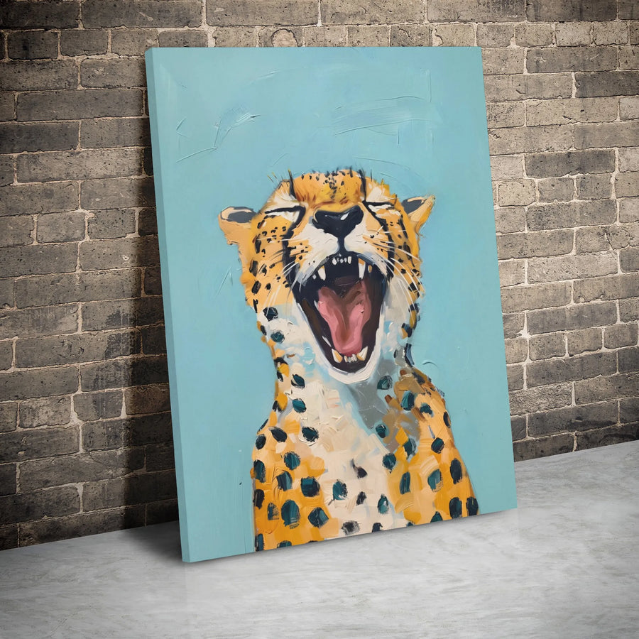 Yawning Cheetah Canvas Wall Art | Whimsical Animal Portrait | 1.25" Gallery Wrap Premium Print | Modern Wildlife Home Decor Gift