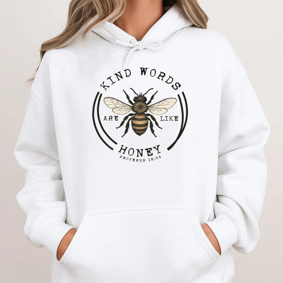 Kind Words Are Like Honey Hoodie | Proverbs 16:24 Bible Verse Graphic | Cotton Blend Premium Pullover | Christian Faith Gift for Him Her