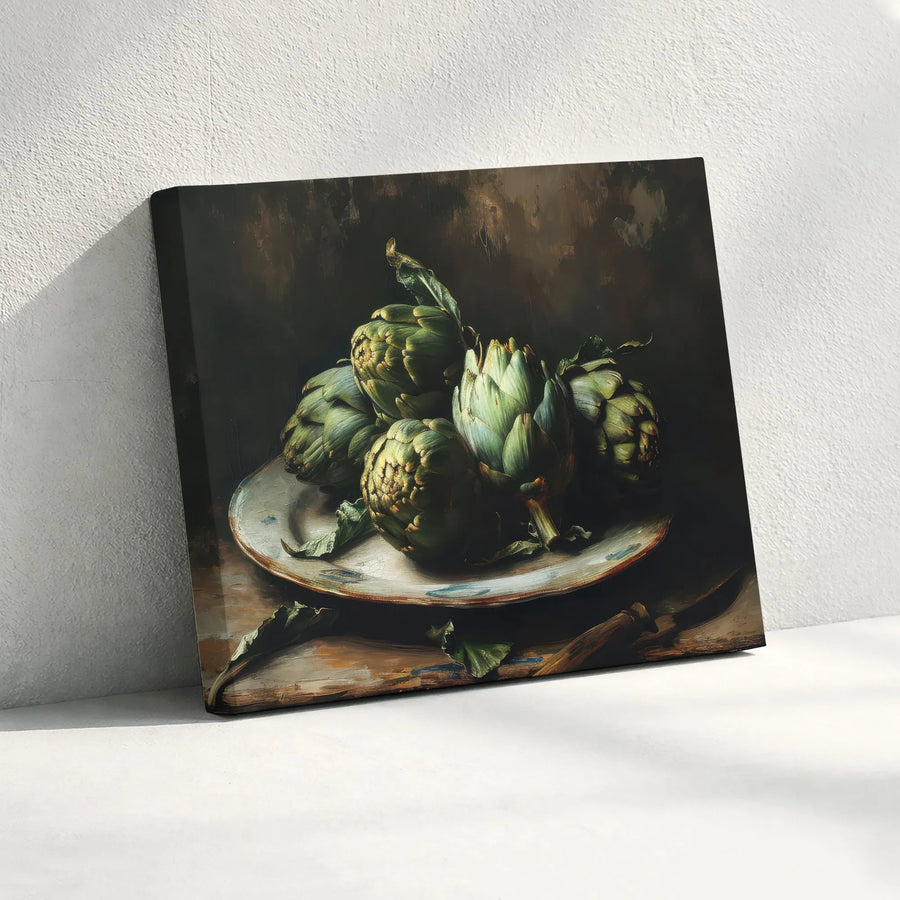 Vintage Artichoke Canvas Wall Art | Moody Still Life Kitchen Art | Premium Gallery Canvas Print | Rustic Farmhouse Decor Gift