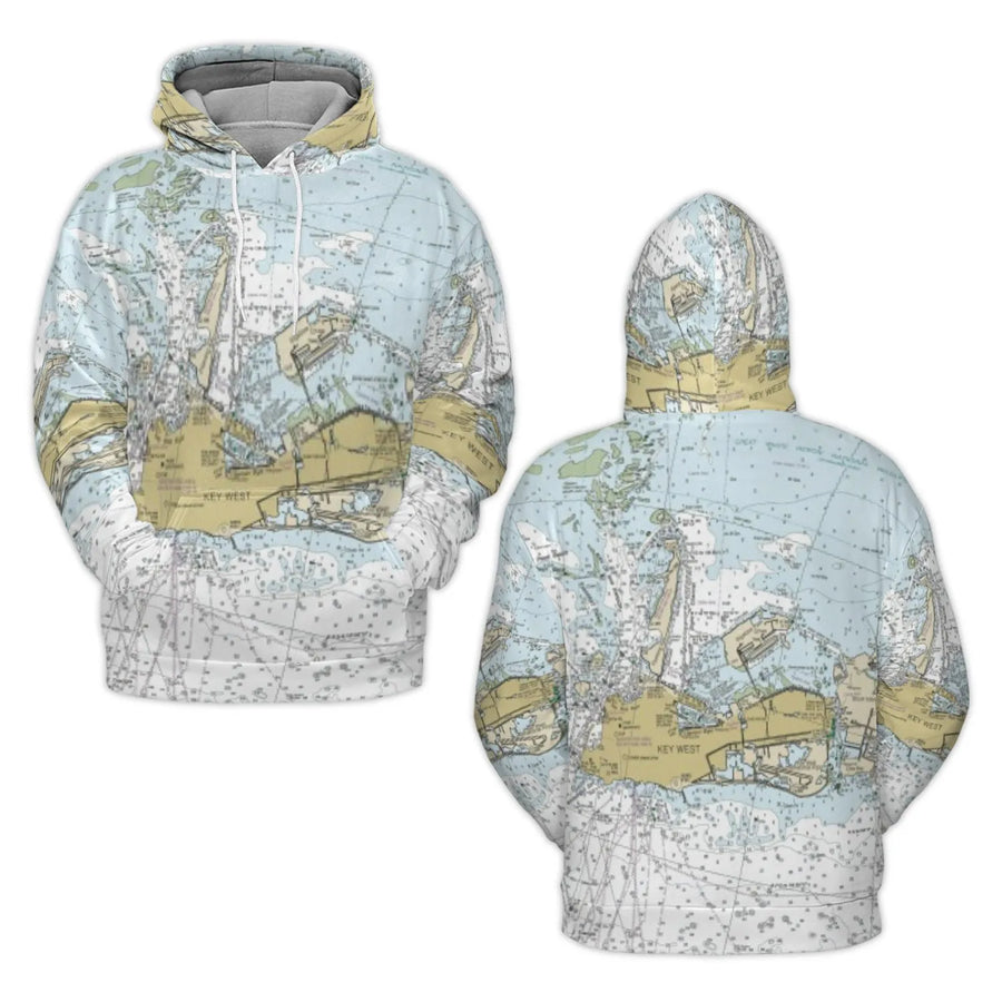 Key West Nautical Chart Hoodie | All-Over Map Print Pullover | Premium Brushed Fleece Lining | Gift For Boaters & Sailors