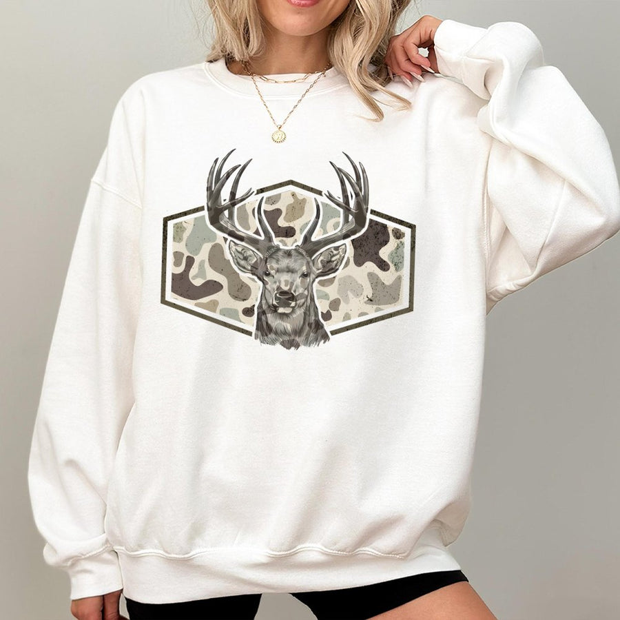 Deer Hunting Sweatshirt | Retro Camo Stag Graphic | Premium Cotton Blend | Gift for Hunter Outdoor Enthusiast