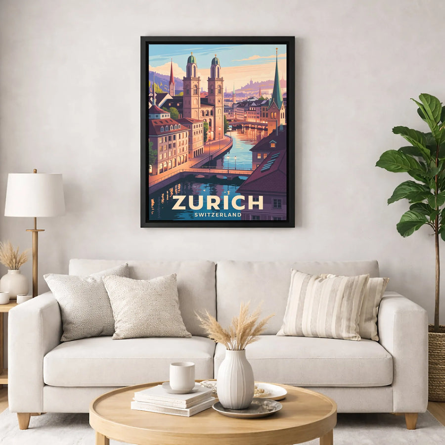 Zurich Switzerland Travel Poster | Vintage Aesthetic Cityscape Wall Art | Premium Gallery-Wrapped Canvas | Travel Enthusiast Decor Gift