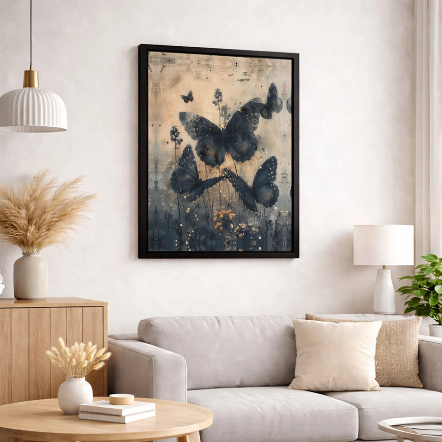 Butterfly Wall Art Canvas | Abstract Dark Floral Gold Splatter Print | Gallery-Quality 1.25 Inch Profile | Elegant Home Decor Gift For Nature Lovers