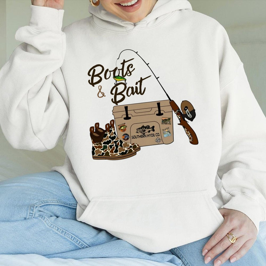 Boots & Bait Fishing Hoodie | Country Western Graphic Pullover | Premium Cotton Blend | Gift For Anglers and Outdoorsmen
