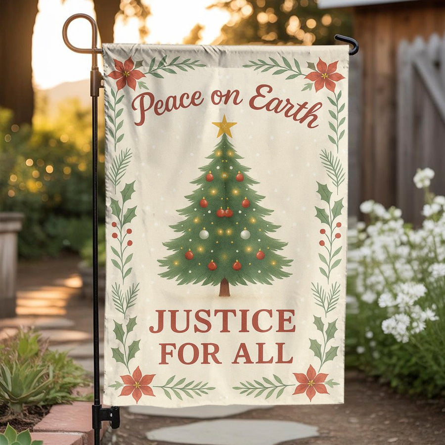 Peace On Earth Justice For All Garden Flag | Christmas Tree & Poinsettia Floral Design | Weather-Resistant Polyester | Holiday Yard Decor Gift