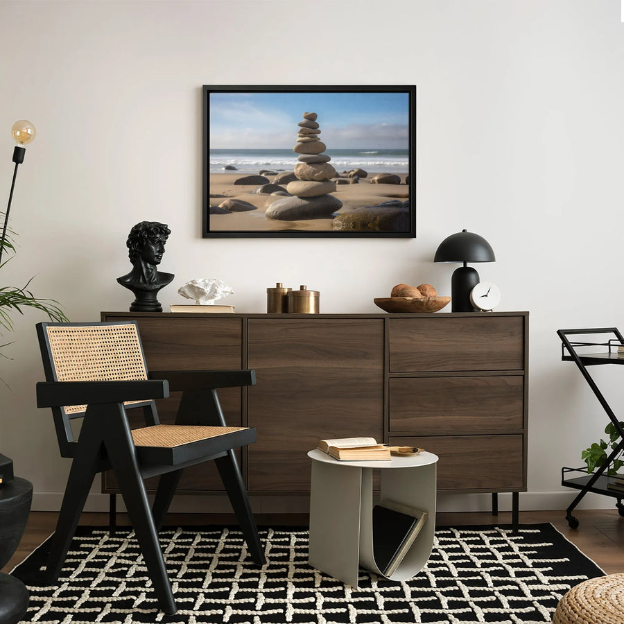 Zen Stacked Stones Canvas Art | Coastal Beach Meditation Print | 1.25 Inch Gallery Wrap | Calming Home Office Decor