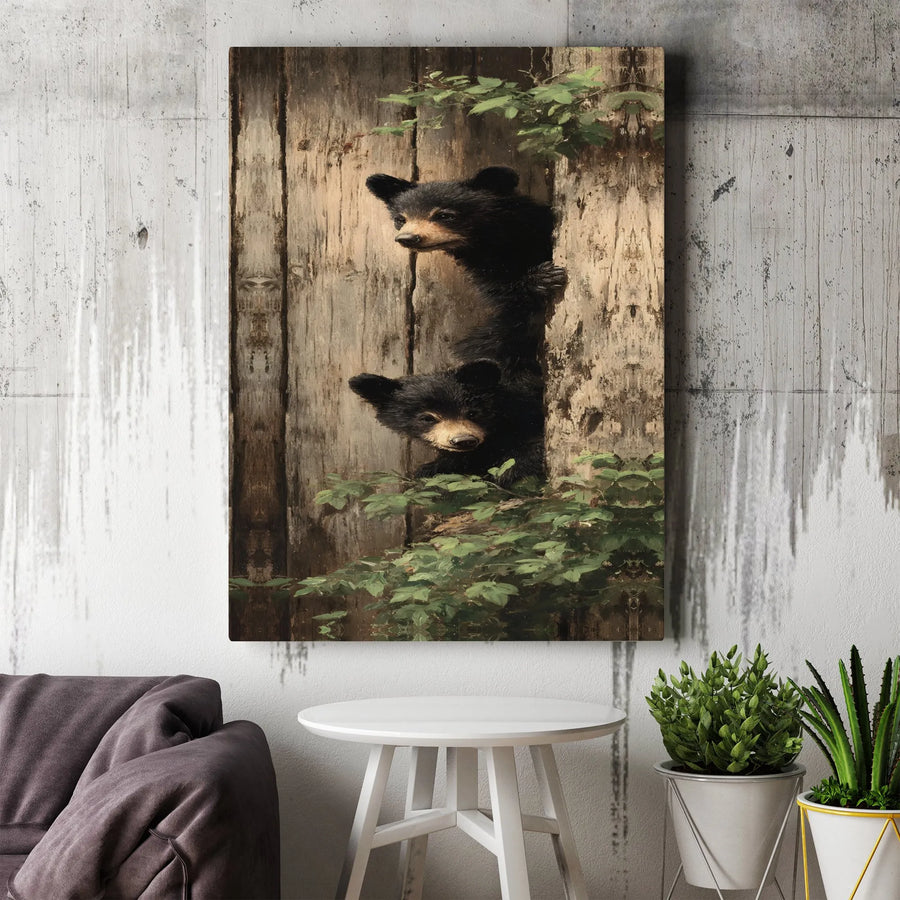 Black Bear Cubs Wall Art | Realistic Wildlife Forest Print | Premium 1.25-Inch Gallery Canvas | Rustic Nature Decor for Cabin or Home