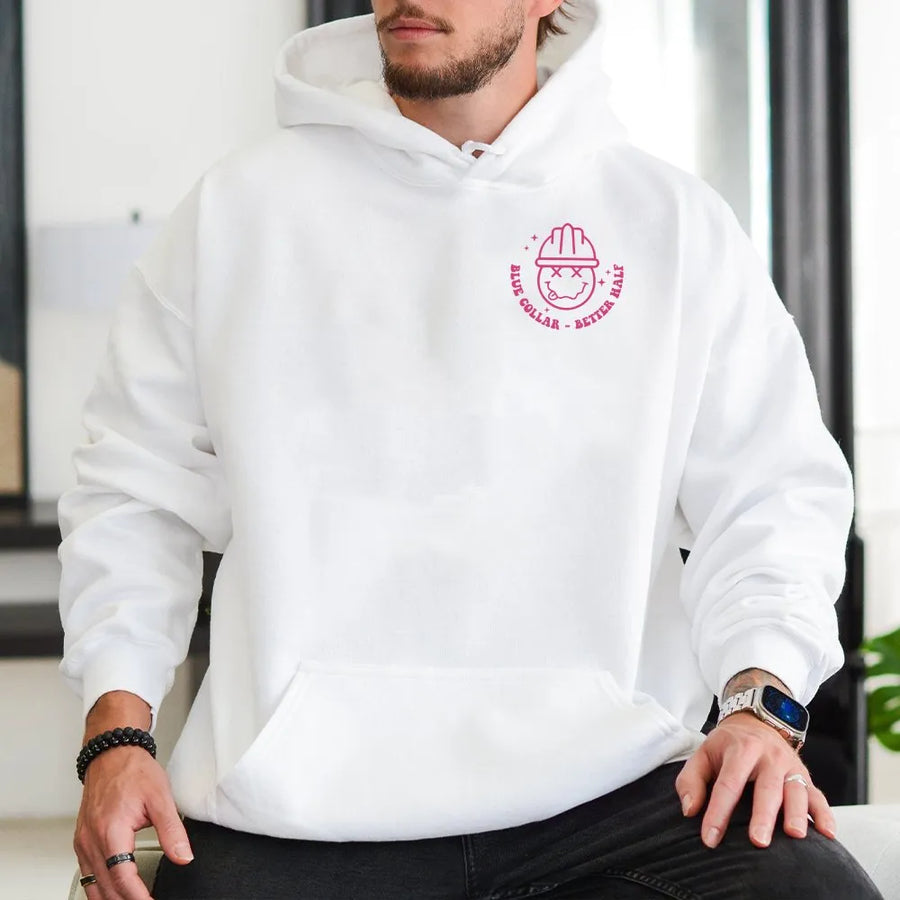 Blue Collar Wife Graphic Hoodie | Hard Hat Smiley Face Design | Premium Cotton Shirt | Gift for Tradesman's Better Half