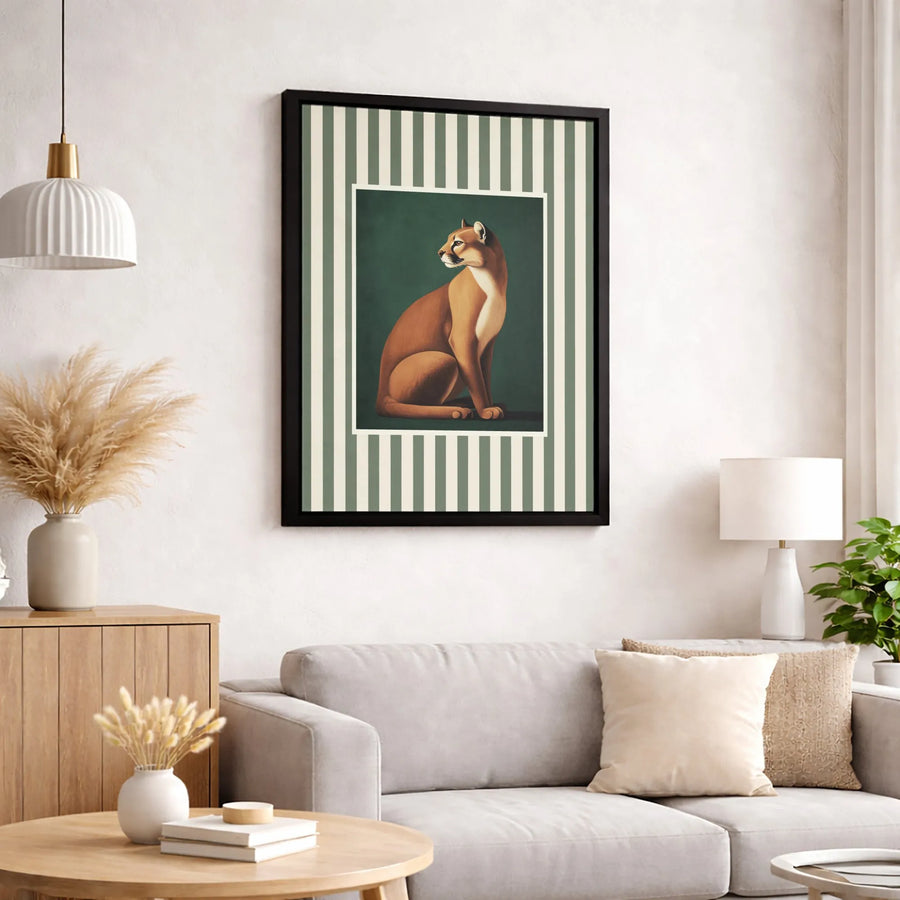Cougar Portrait Canvas Wall Art | Art Deco Geometric Striped Print | Premium Gallery Wrap Decor | Wildlife Animal Home Decor Gift