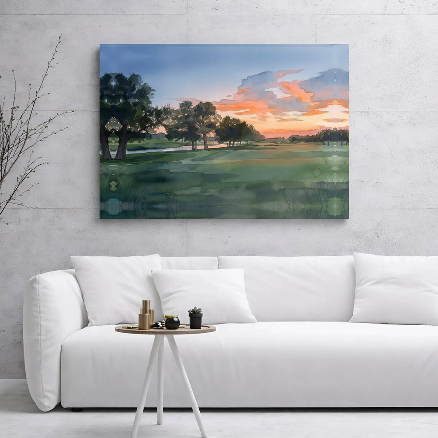 Golf Course Landscape Canvas | Watercolor Sunset Art Print | Premium 1.25 Inch Gallery Wrap | Sports Home Decor Gift for Him