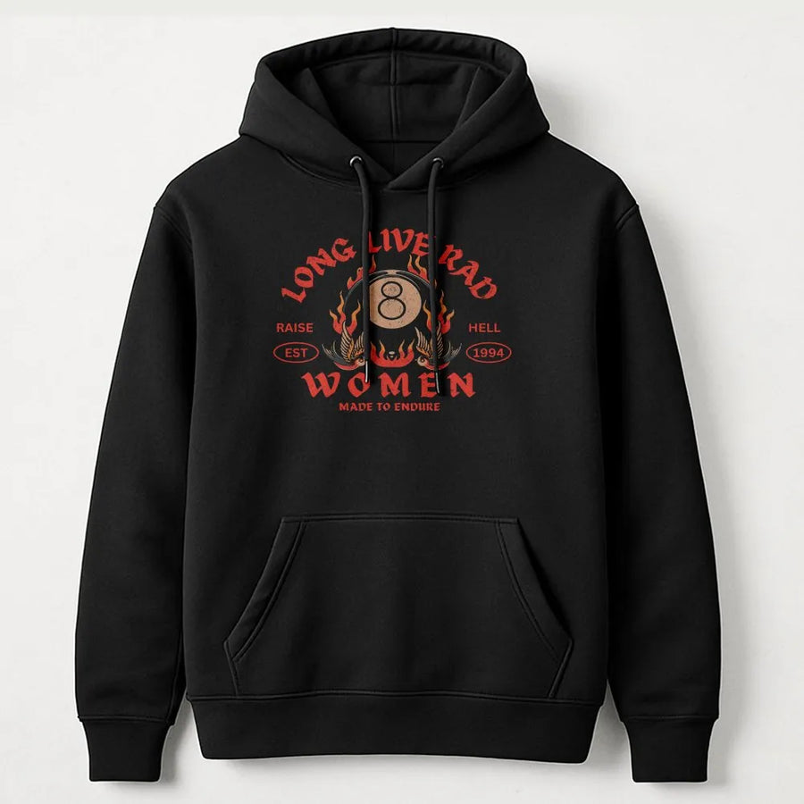 Long Live Rad Women Hoodie | Vintage 8 Ball Fire Graphic | Cotton-Blend Premium Apparel | Retro Y2K Aesthetic Gift for Her