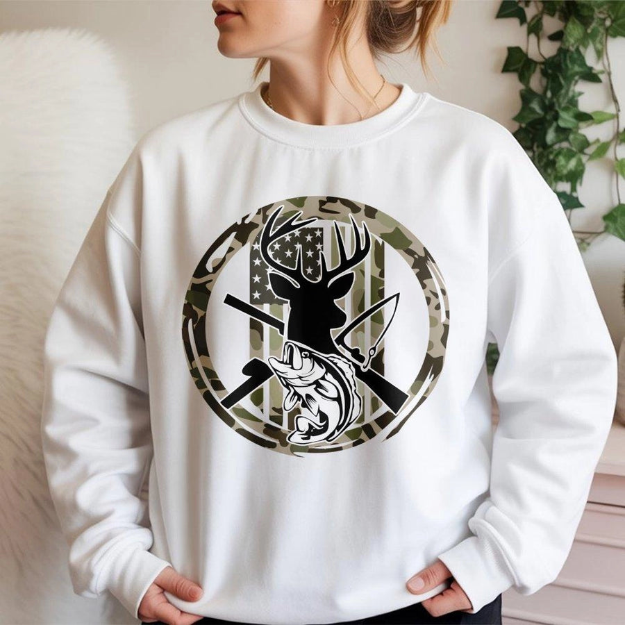 Hunting And Fishing Sweatshirt | American Flag Deer Antler Graphic | Premium Cotton Blend | Gift For Hunters Outdoorsmen