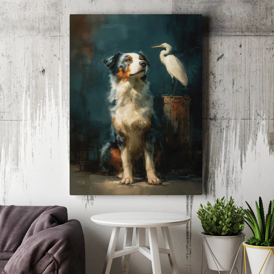 Australian Shepherd Art Canvas | Impressionist Dog and Egret Oil Painting Style | Premium Gallery Wrap Wall Decor | Nature Lover Living Room Gift