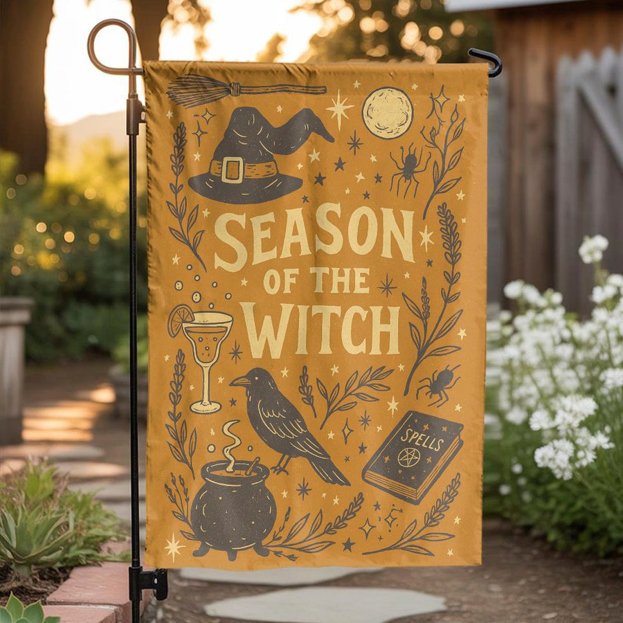 Season of the Witch Garden Flag | Spooky Halloween Yard Decor | Premium Polyester Outdoor Banner | Fall Porch Decoration for Witchy Decor Lovers