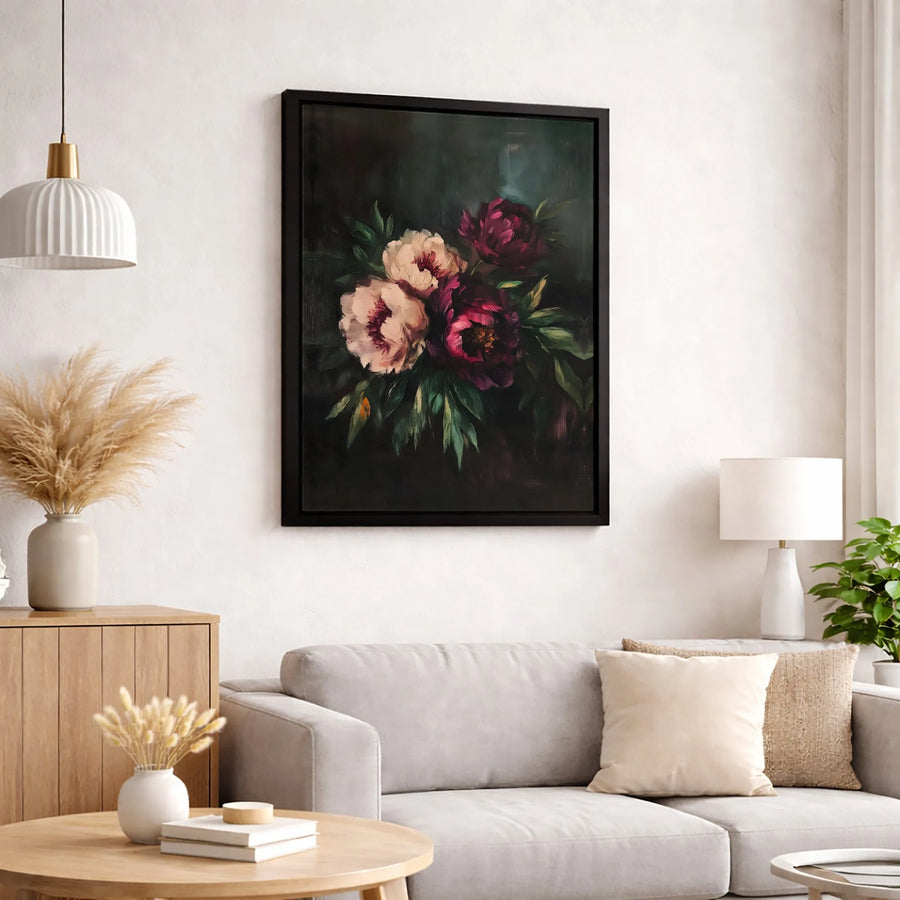 Moody Dark Floral Peony Wall Art | Romantic Oil Painting Style Print | Premium Gallery-Wrapped Canvas | Botanical Home Decor for Living Room