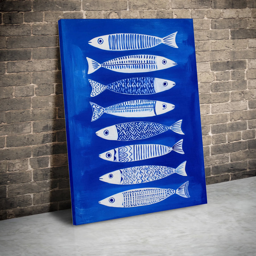 Sardine Fish Canvas Print | Modern Coastal Folk Art Illustration | Premium Gallery Wrapped Canvas | Nautical Kitchen Decor Gift