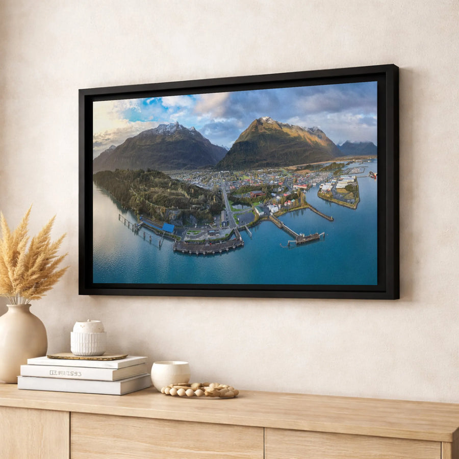 Seward Alaska Harbor Canvas Print | Panoramic Aerial Mountain Landscape | Premium 1.25" Gallery Wrap | Gift for Travel Lovers