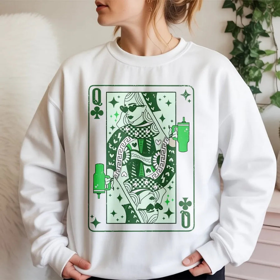 Queen Of Clubs St. Patricks Day Sweatshirt | Retro Playing Card Graphic | Premium Cotton Blend | Funny Irish Pub Crawl Gift For Her