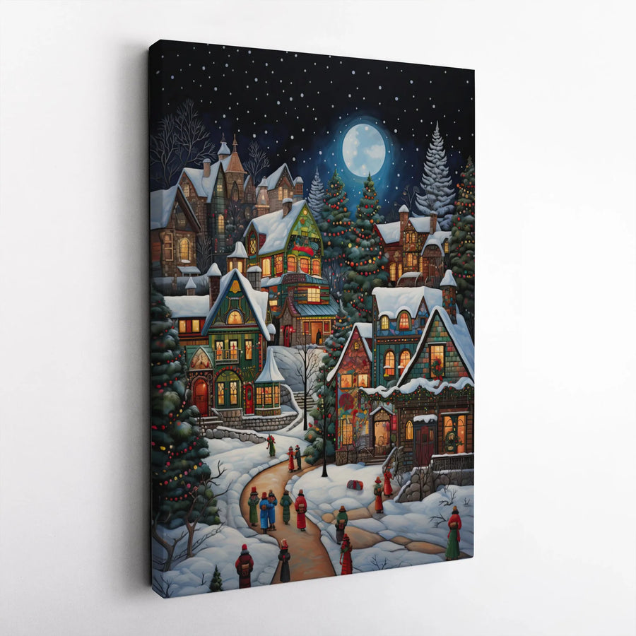 Snowy Christmas Village Canvas Wall Art | Whimsical Winter Night Landscape | Premium 1.25 Inch Gallery Wrap | Festive Holiday Home Decor Gift