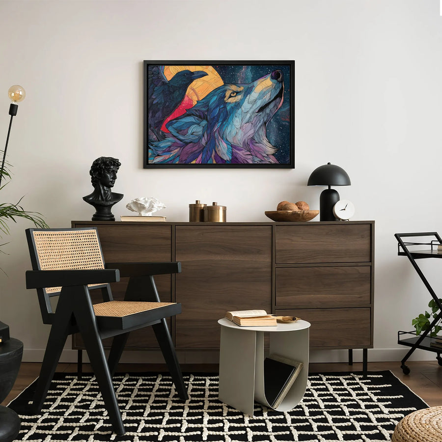 Wolf And Raven Canvas Wall Art | Stylized Galaxy Spirit Animal Decor | Premium Fade-Resistant Print | Wildlife Lovers Gallery Gift