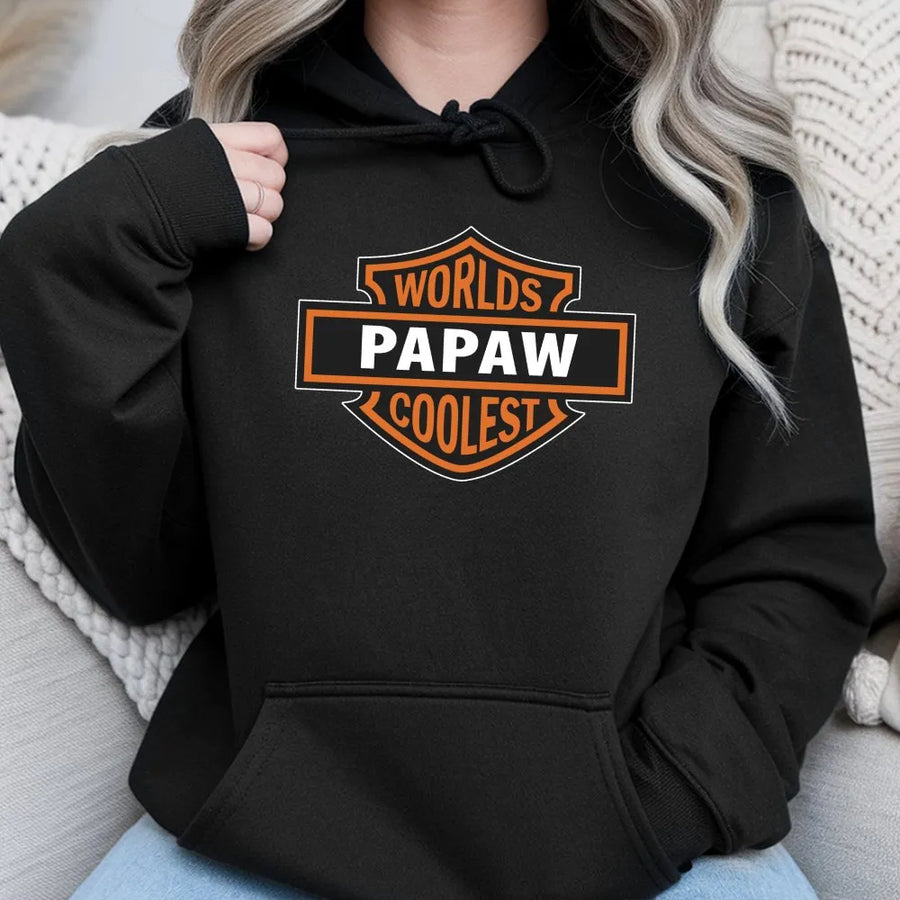Worlds Coolest Papaw Hoodie | Motorcycle Biker Shield Graphic | Premium Cotton Blend | Funny Father's Day 2026 Gift for Grandpa