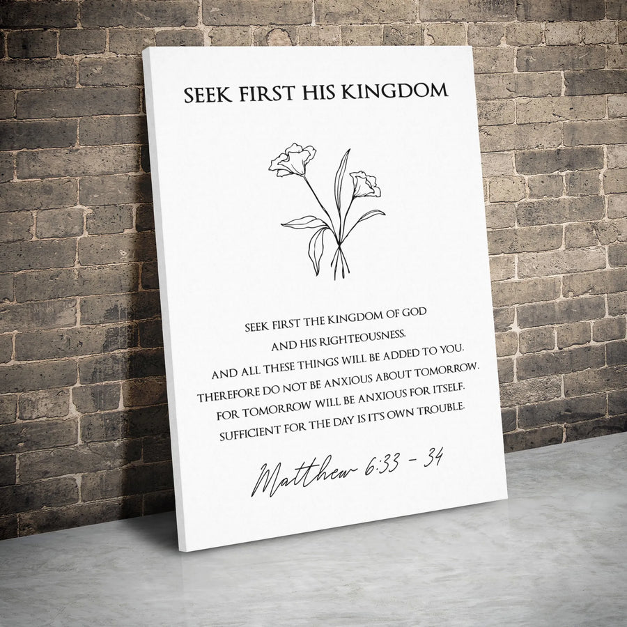 Matthew 6:33-34 Bible Verse Canvas | Seek First His Kingdom Floral Line Art | Premium Gallery Wrap Wall Decor | Christian Home Decor Gift