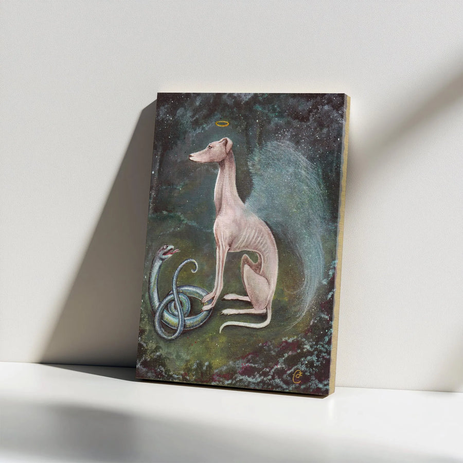Saint Guinefort Canvas Print | Holy Greyhound with Halo & Snake Wall Art | Premium Gallery Wrapped Canvas | Unique Religious Folk Art Decor Gift