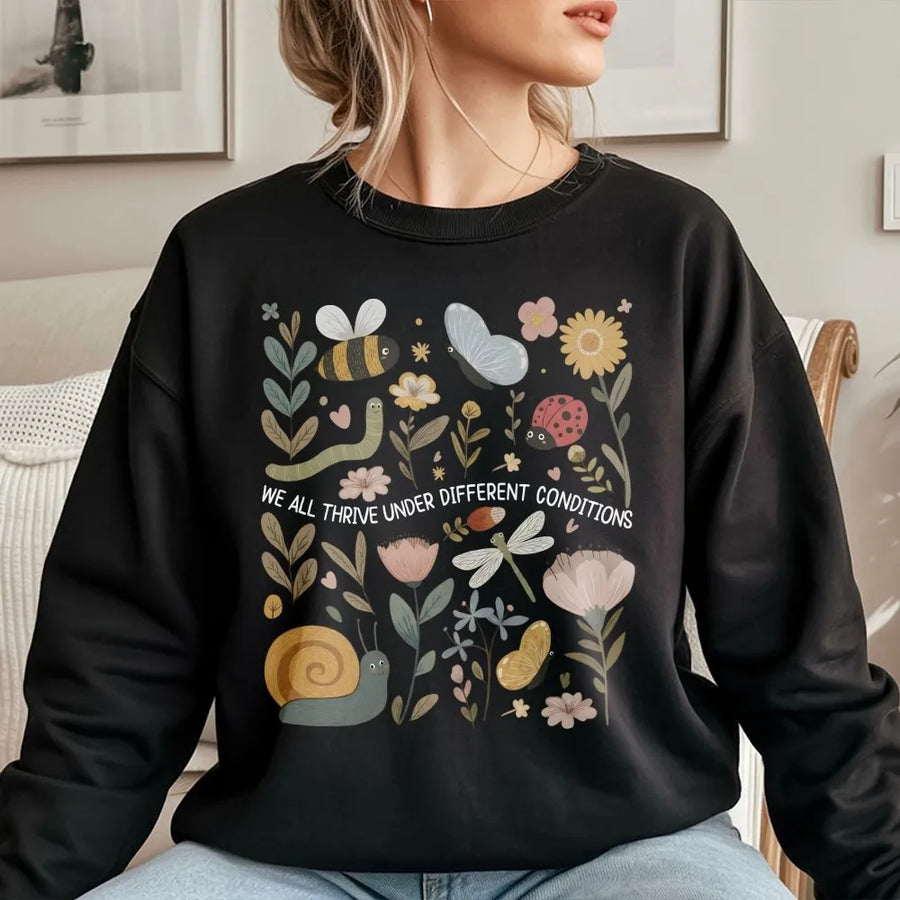 Autism Awareness Sweatshirt | Cute Garden Insects & Floral Design | Soft Cotton Blend | Inspirational Neurodiversity Gift