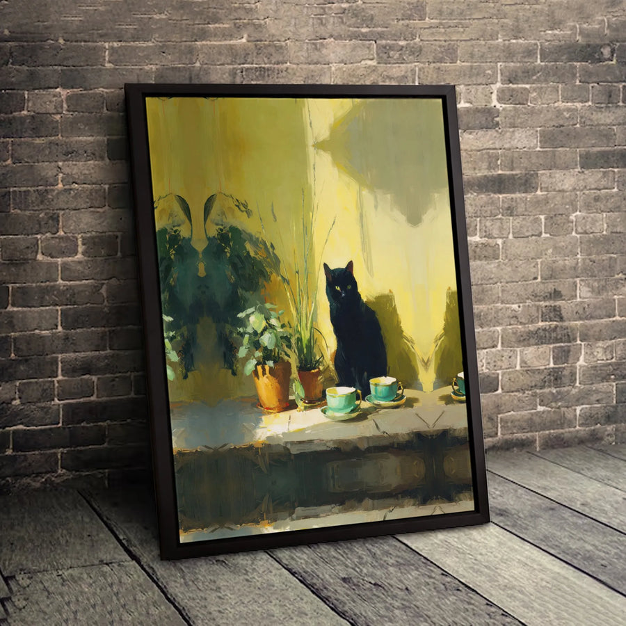 Black Cat Canvas Wall Art | Painterly Sunlit Teacup & Plant Decor | Premium Gallery Wrap 1.25" Profile | Whimsical Animal Lover Gift